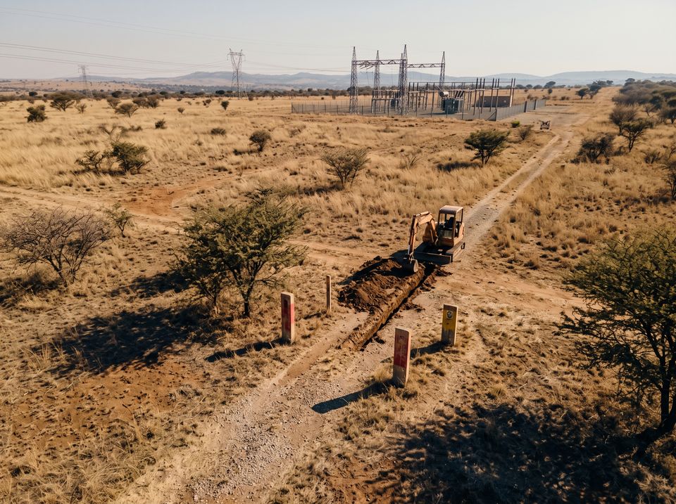 Excavator digging across a dry infrastructure corridor near a utility installation