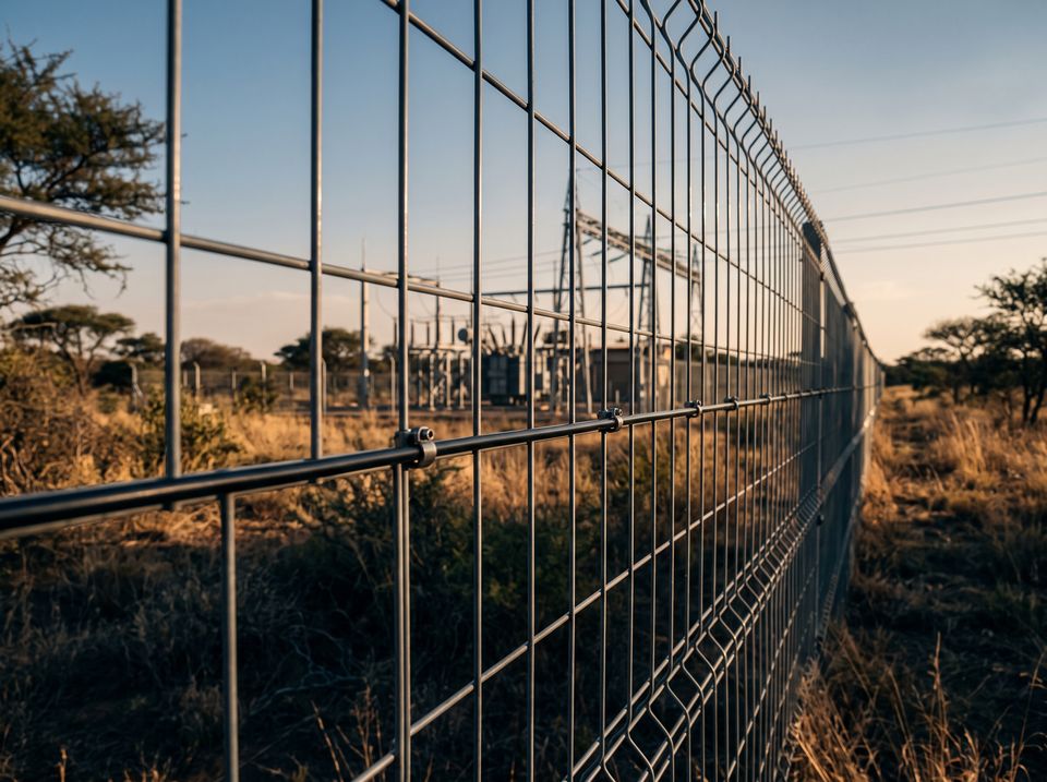 Welded-mesh perimeter fence with a dark sensing cable clipped along the mesh