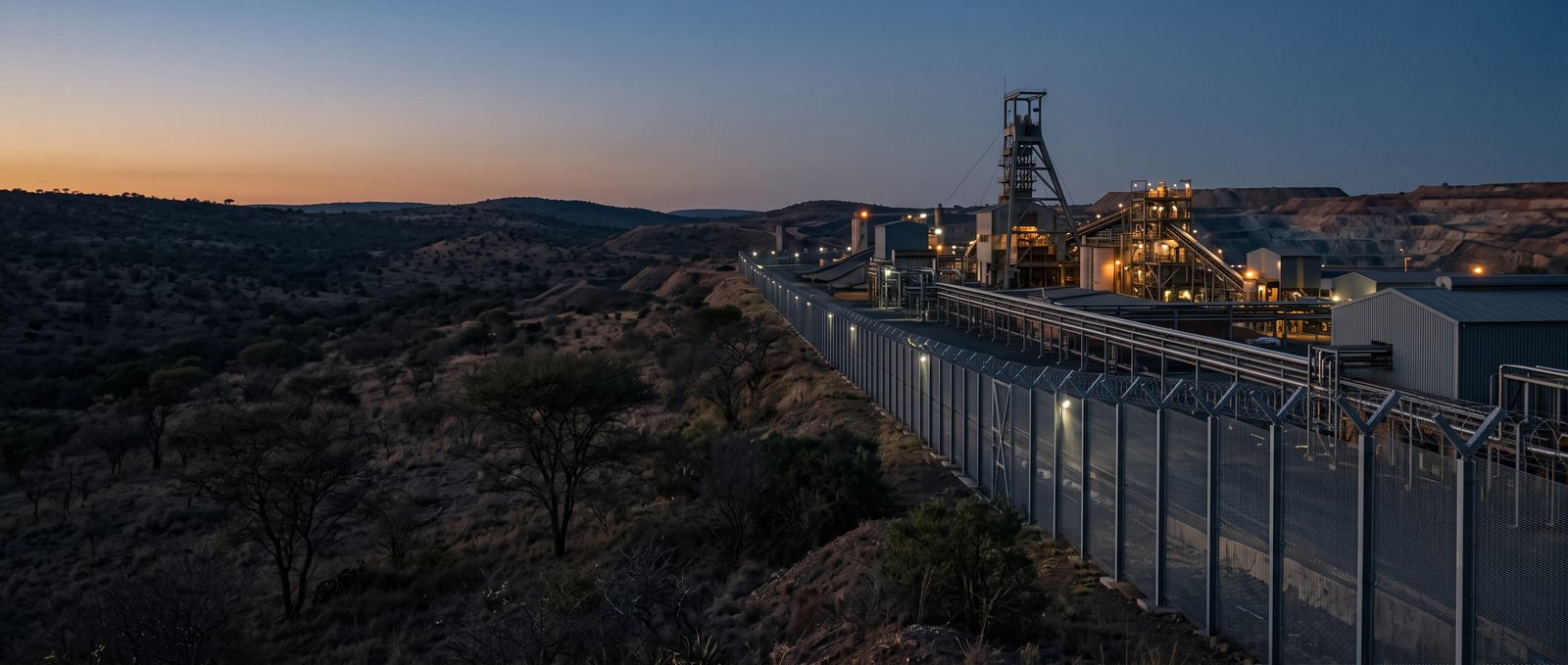 South African mining complex at dusk, with a fenced perimeter and industrial infrastructure