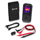 FLIR DM266 thermal imaging multimeter kit contents with test leads, USB cable, carrying case and remote