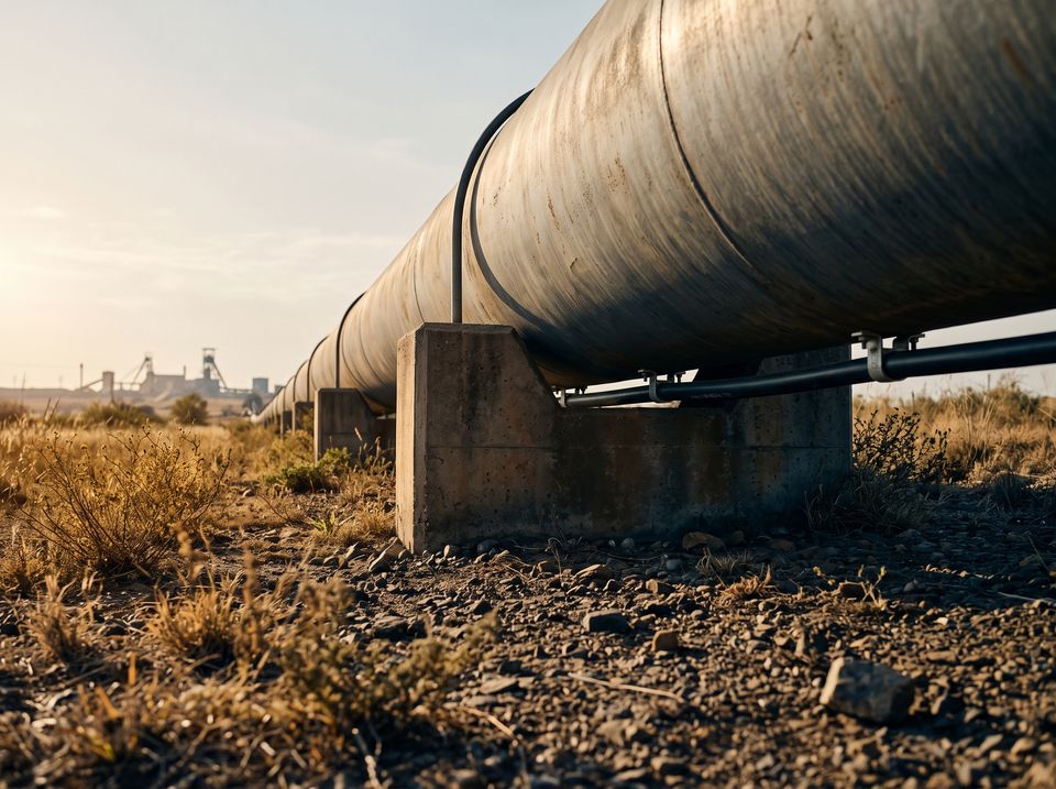 Exposed steel pipeline on supports, with dark armoured sensing cable running underneath